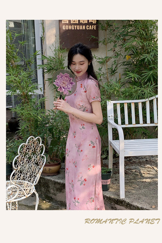 Elegant Pink Cherry Blossom Cheongsam Dress with Delicate Button Detailing