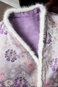 Silk Kimono Jacket with Fur Trim - Traditional Chinese Style Robe