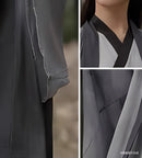 Traditional Chinese Hanfu Men’s Black and Gray Silk Robe with Embroidered Designs and Sword Belt
