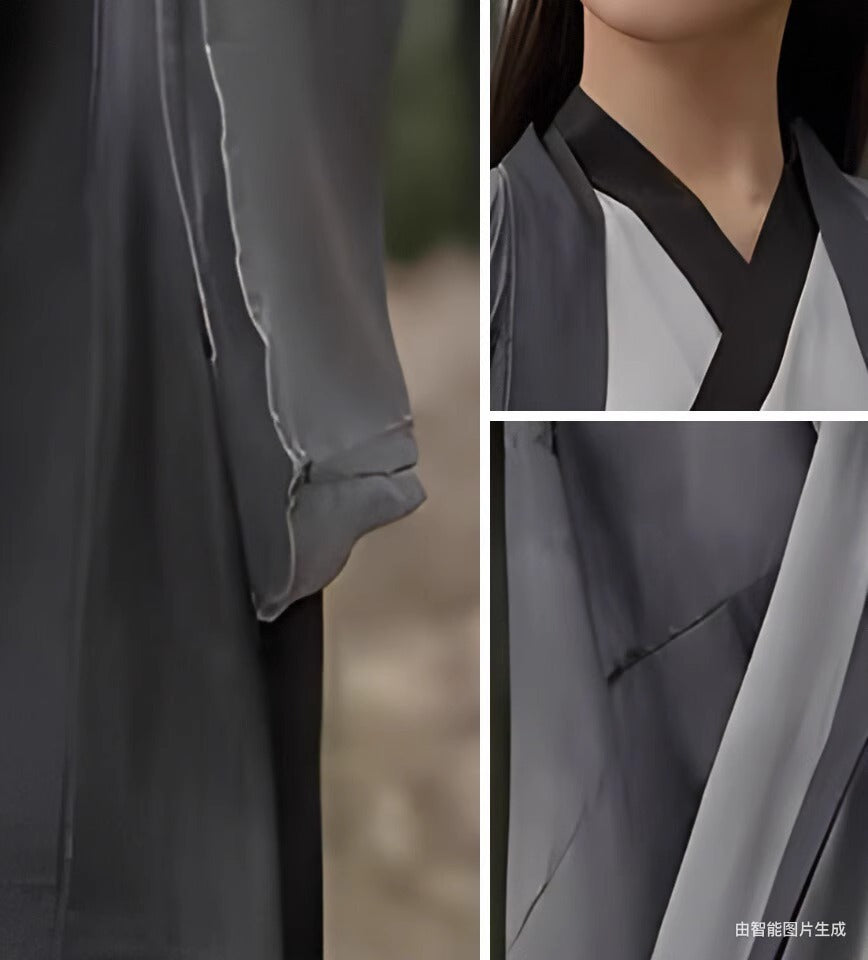 Traditional Chinese Hanfu Men’s Black and Gray Silk Robe with Embroidered Designs and Sword Belt
