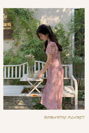 Elegant Pink Cherry Blossom Cheongsam Dress with Delicate Button Detailing