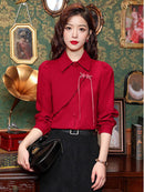 Elegant Chinese-Style Red Blouse With Unique Frog Button Design, Ideal For Traditional Wear