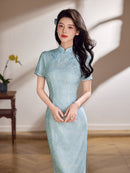 Champagne Pink Tonal Jacquard Short Sleeve Qipao Maxi Dress | Mandarin Collar Slit Cheongsam