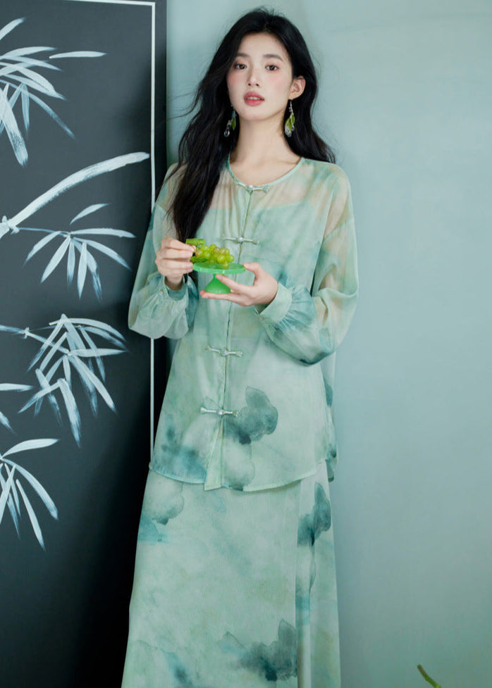 Modern Chinese Ink-Print Two-Piece Set | Sheer Frog-Button Top + Slim Maxi Dress