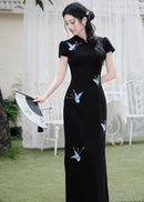 Black Butterfly Embroidered Slim Long Qipao | Side Slit