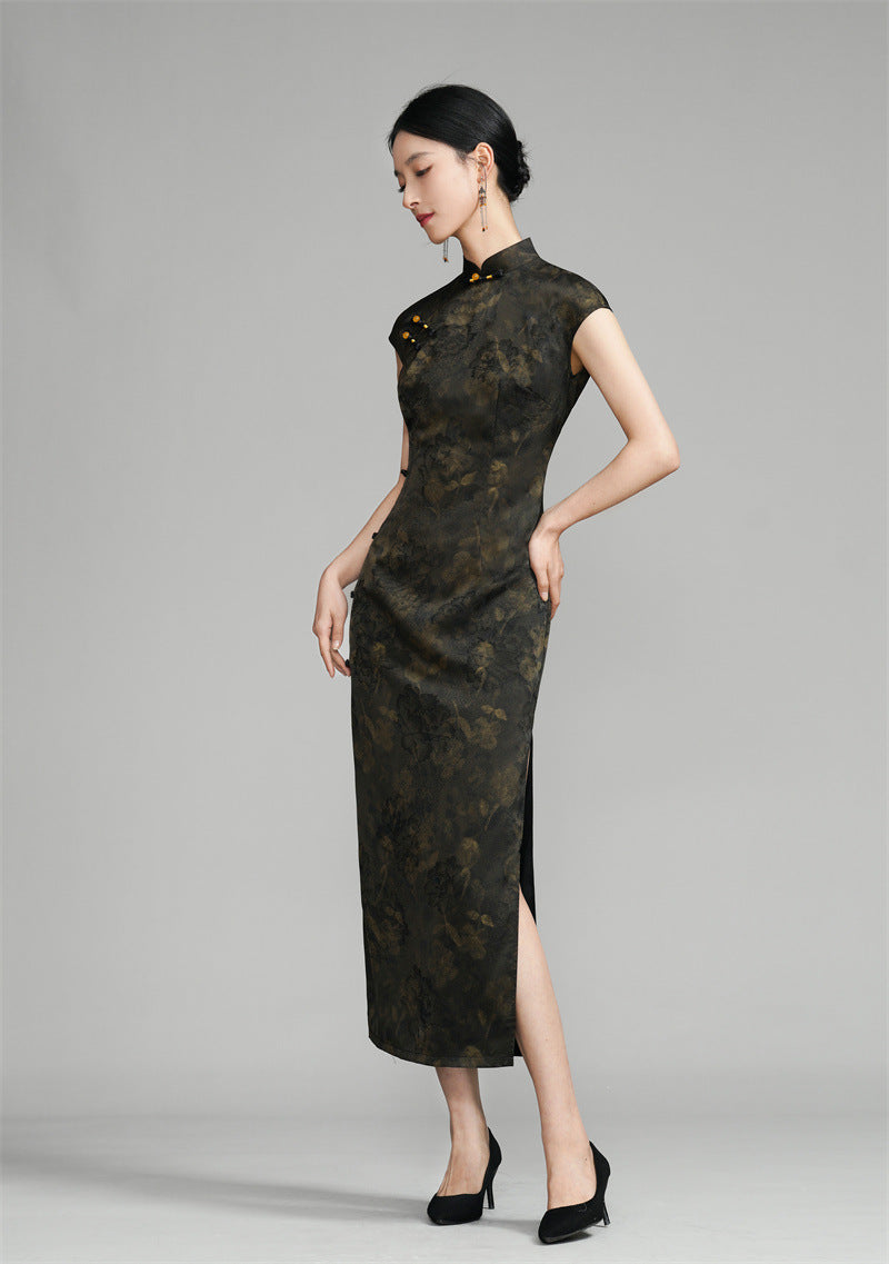 Shanghai Vintage Style Jacquard Satin Qipao | Sleeveless Long Cheongsam