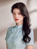 Champagne Pink Tonal Jacquard Short Sleeve Qipao Maxi Dress | Mandarin Collar Slit Cheongsam