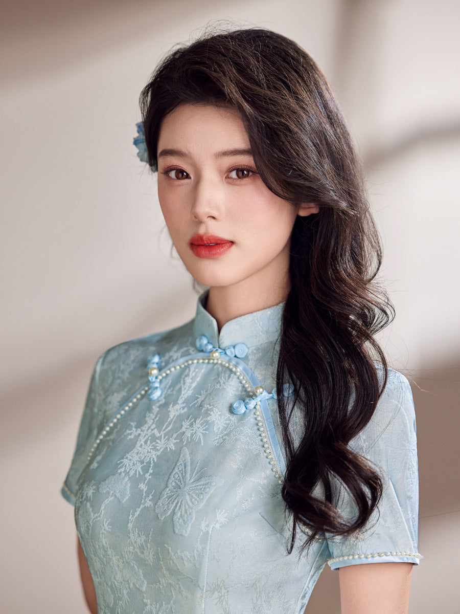 Champagne Pink Tonal Jacquard Short Sleeve Qipao Maxi Dress | Mandarin Collar Slit Cheongsam