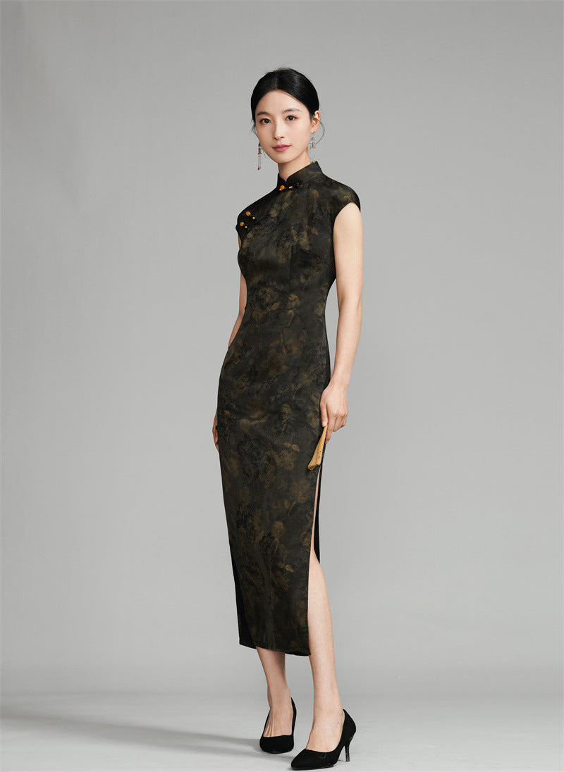 Shanghai Vintage Style Jacquard Satin Qipao | Sleeveless Long Cheongsam