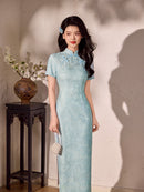 Champagne Pink Tonal Jacquard Short Sleeve Qipao Maxi Dress | Mandarin Collar Slit Cheongsam