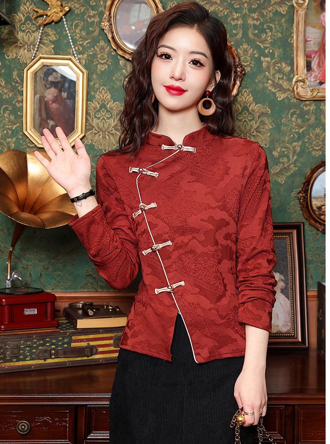 Women's Retro Chinese Style Jacket with Frog Buttons and Jacquard Design