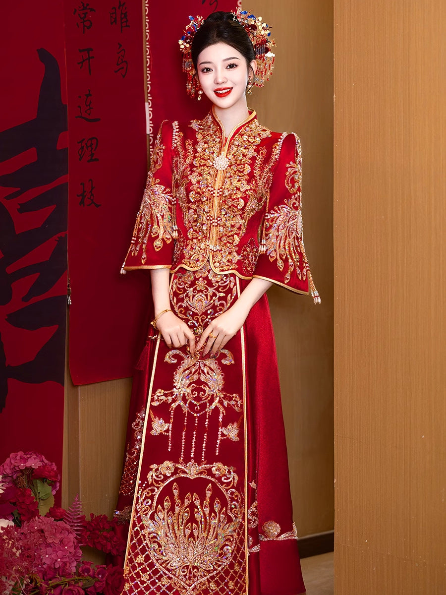 新款中式无袖旗袍新娘结婚晨袍