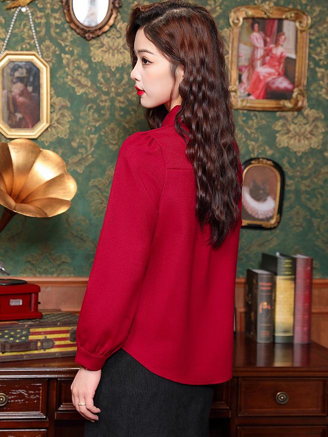 Elegant Chinese-Style Red Blouse With Unique Frog Button Design, Ideal For Traditional Wear