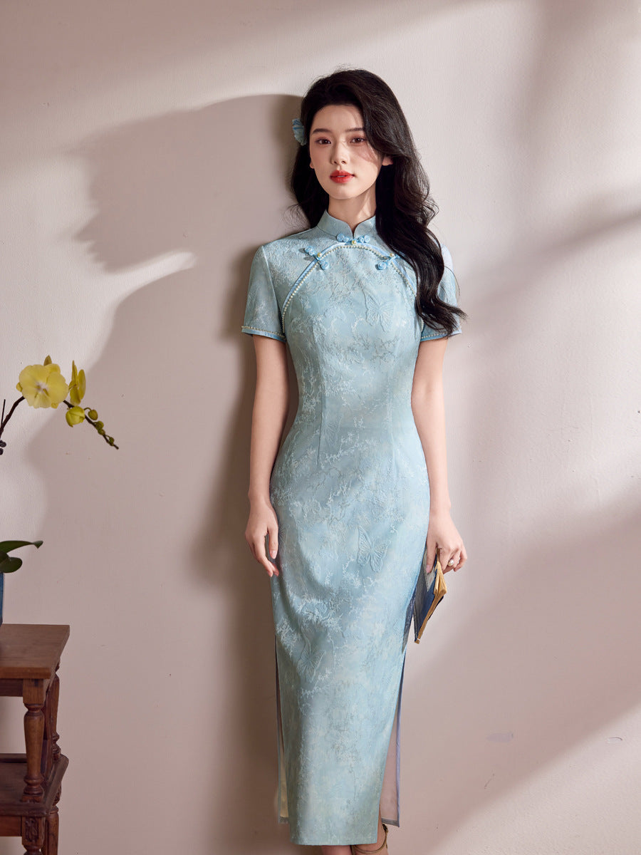 Champagne Pink Tonal Jacquard Short Sleeve Qipao Maxi Dress | Mandarin Collar Slit Cheongsam