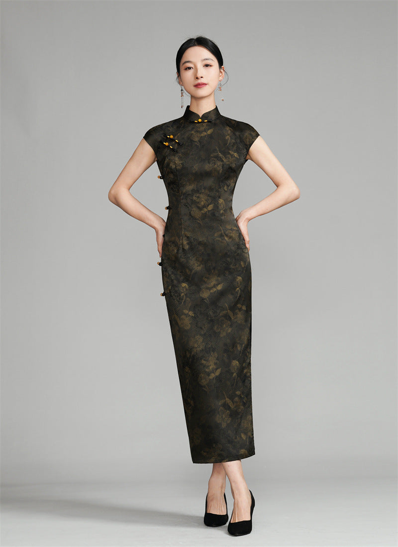 Shanghai Vintage Style Jacquard Satin Qipao | Sleeveless Long Cheongsam