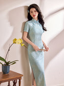 Champagne Pink Tonal Jacquard Short Sleeve Qipao Maxi Dress | Mandarin Collar Slit Cheongsam