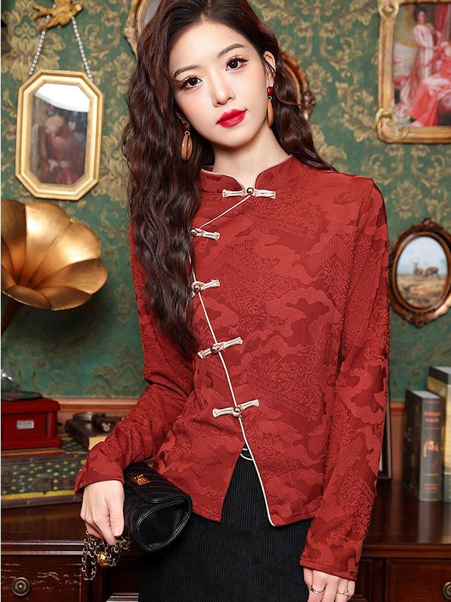 Women's Retro Chinese Style Jacket with Frog Buttons and Jacquard Design