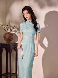 Champagne Pink Tonal Jacquard Short Sleeve Qipao Maxi Dress | Mandarin Collar Slit Cheongsam