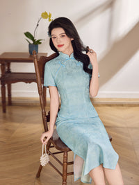 Champagne Pink Tonal Jacquard Short Sleeve Qipao Maxi Dress | Mandarin Collar Slit Cheongsam