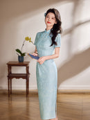 Champagne Pink Tonal Jacquard Short Sleeve Qipao Maxi Dress | Mandarin Collar Slit Cheongsam