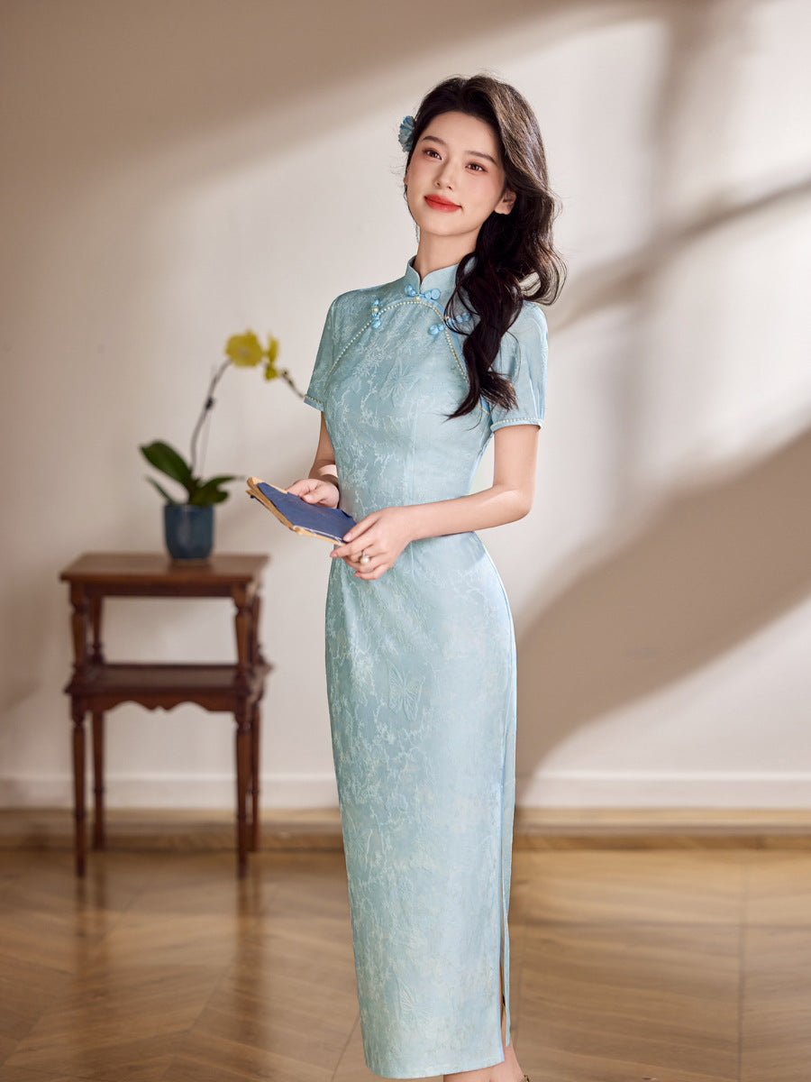 Champagne Pink Tonal Jacquard Short Sleeve Qipao Maxi Dress | Mandarin Collar Slit Cheongsam