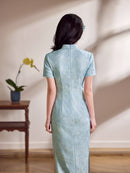 Champagne Pink Tonal Jacquard Short Sleeve Qipao Maxi Dress | Mandarin Collar Slit Cheongsam