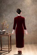 Red Velvet Lace Long Sleeve Qipao Dress | Slim Mandarin Maxi