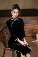 Red Velvet Lace Long Sleeve Qipao Dress | Slim Mandarin Maxi