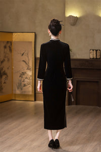 Red Velvet Lace Long Sleeve Qipao Dress | Slim Mandarin Maxi