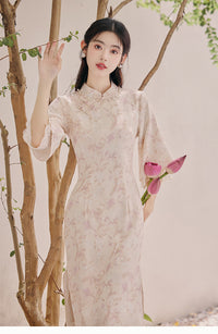 中国蓝花卉夏春旗袍连衣裙