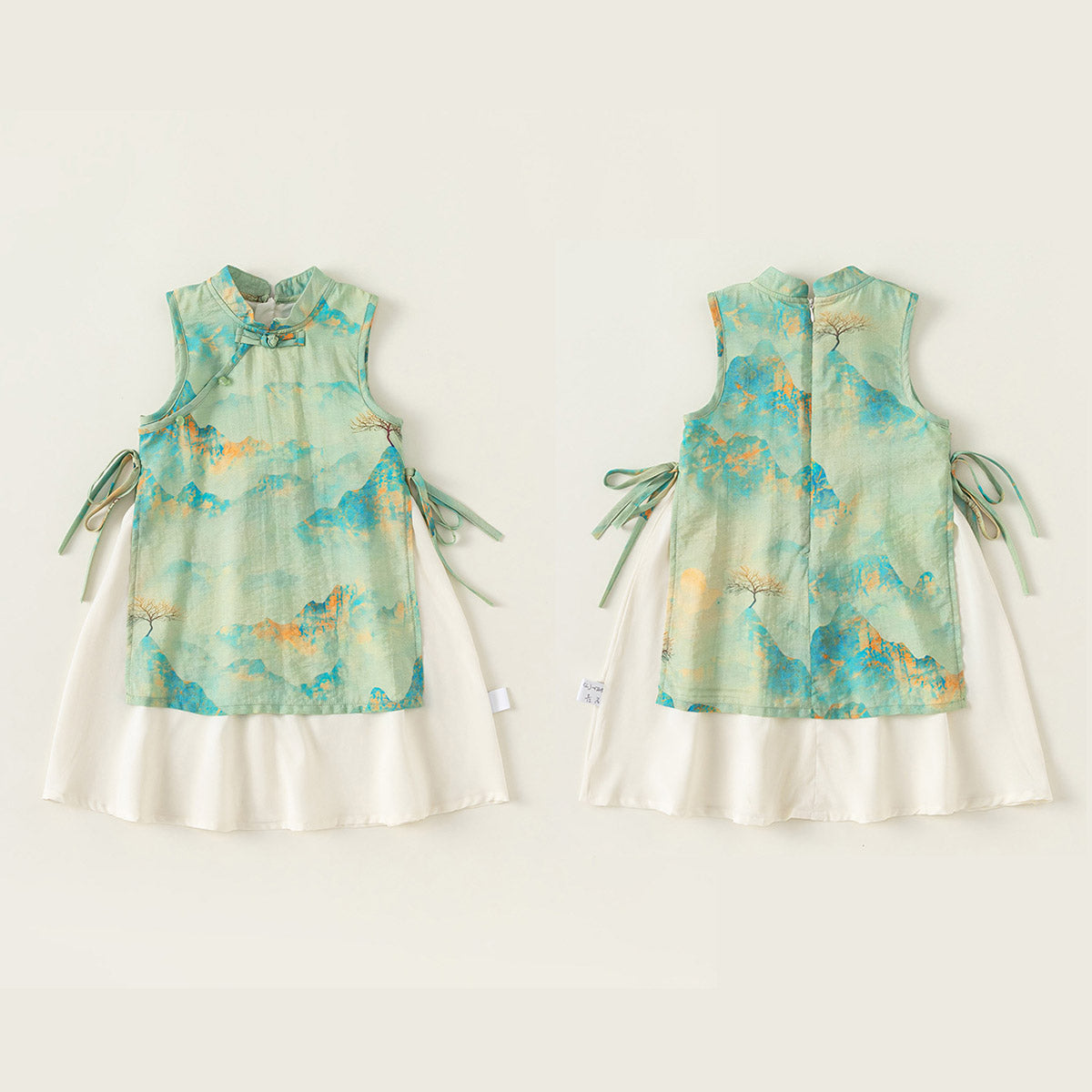 米色、绿色、粉色碎花女童汉服