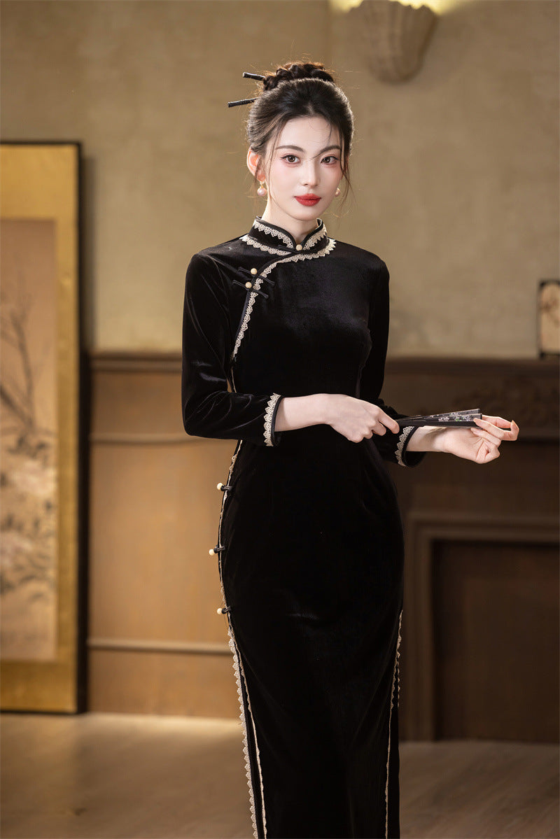 Red Velvet Lace Long Sleeve Qipao Dress | Slim Mandarin Maxi