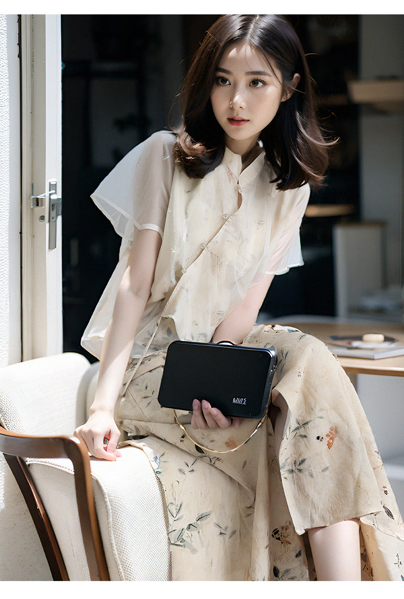 Elegant Floral Printed Hanfu Two-Piece Set with Sheer Overlay