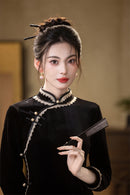 Red Velvet Lace Long Sleeve Qipao Dress | Slim Mandarin Maxi