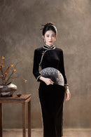 Red Velvet Lace Long Sleeve Qipao Dress | Slim Mandarin Maxi