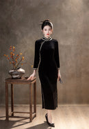Red Velvet Lace Long Sleeve Qipao Dress | Slim Mandarin Maxi