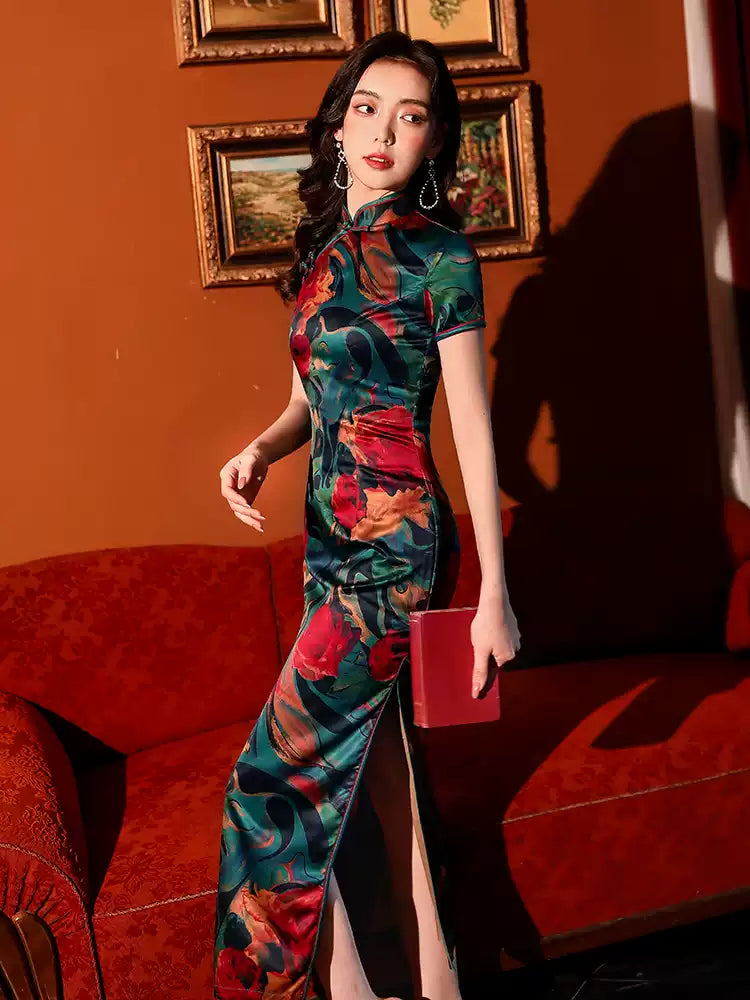 Floral Velvet Cheongsam Dress with Side Slit