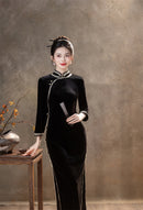 Red Velvet Lace Long Sleeve Qipao Dress | Slim Mandarin Maxi