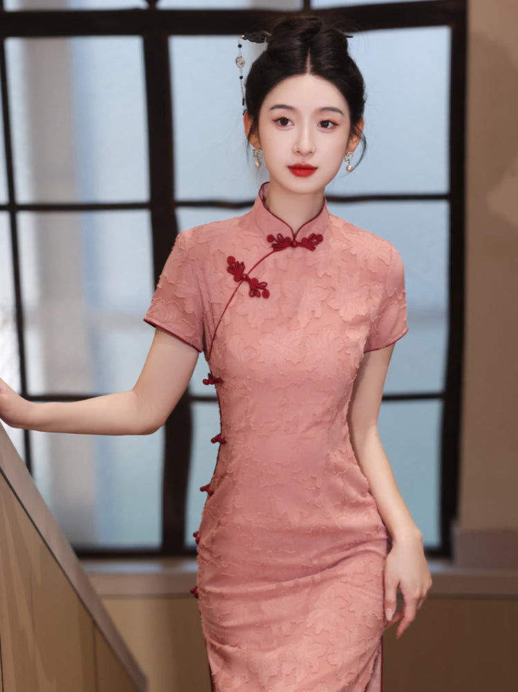 Elegant Pink Floral Cheongsam Dress