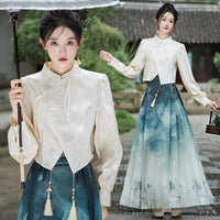 Elegant Hanfu-Inspired Two-Piece Set with Printed Gradient Skirt