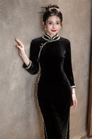 Red Velvet Lace Long Sleeve Qipao Dress | Slim Mandarin Maxi