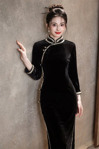 Red Velvet Lace Long Sleeve Qipao Dress | Slim Mandarin Maxi