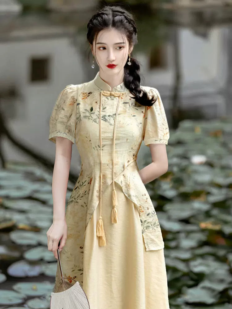 Elegant Beige One Piece Dress Modern Cheongsam Han Grace