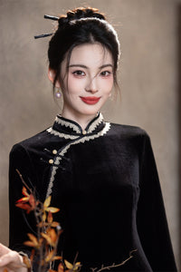 Red Velvet Lace Long Sleeve Qipao Dress | Slim Mandarin Maxi