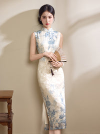 Ivory Blue Floral Jacquard Sleeveless Qipao Maxi Dress