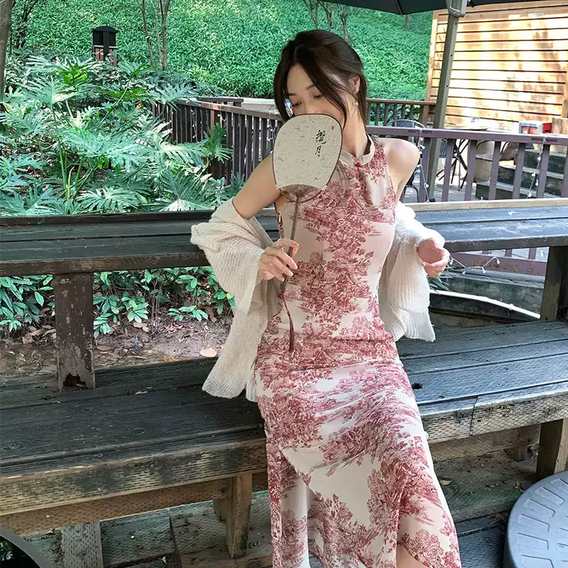 New Chinese Style qipao National Art Ink Painting Vintage Chiffon