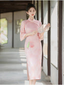 Pink Floral Three-Quarter Sleeve Mandarin Collar Qipao Dress
