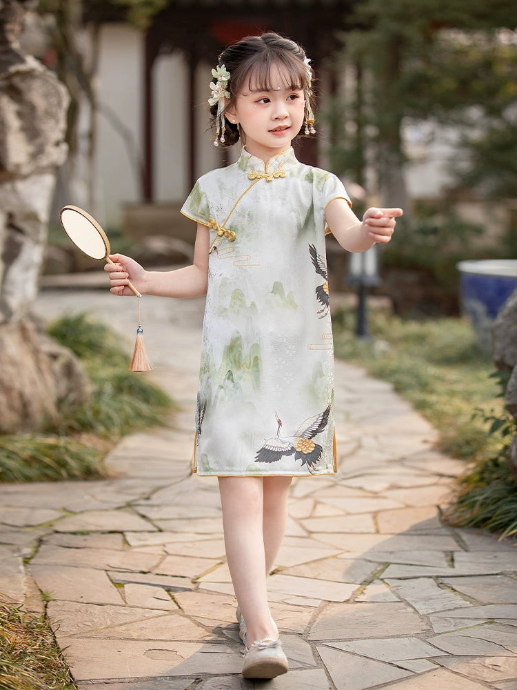 'Crane' Girls' Traditional Chinese Pattern Cheongsam