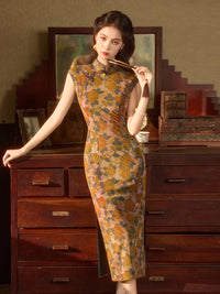 Caramel Brown Orange Floral Jacquard Sleeveless Qipao Maxi Dress
