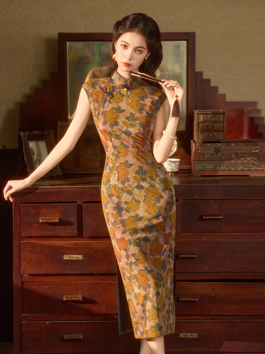 Caramel Brown Orange Floral Jacquard Sleeveless Qipao Maxi Dress
